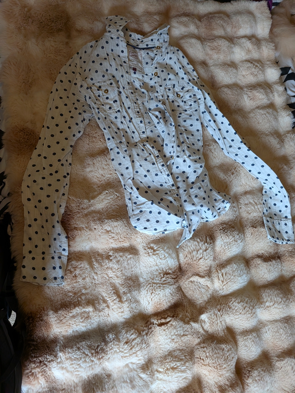 Cotton White Button Up W/ Navy Polka Dots, Full + 3/4 Sleeve Strap Detail,